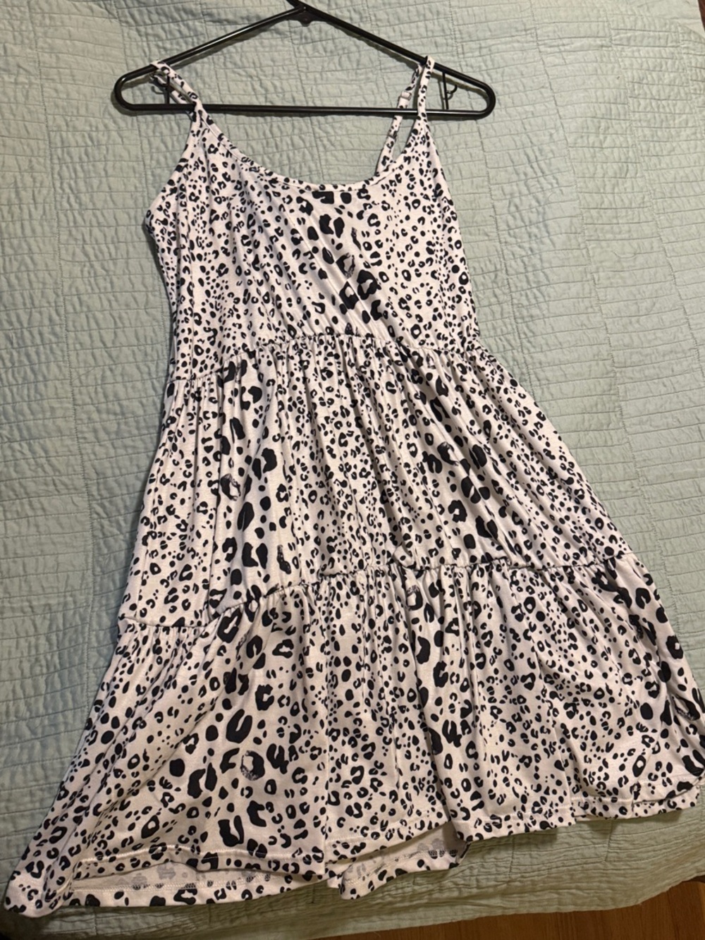 Womens' Black and White Leopard Print Tiered Sundress